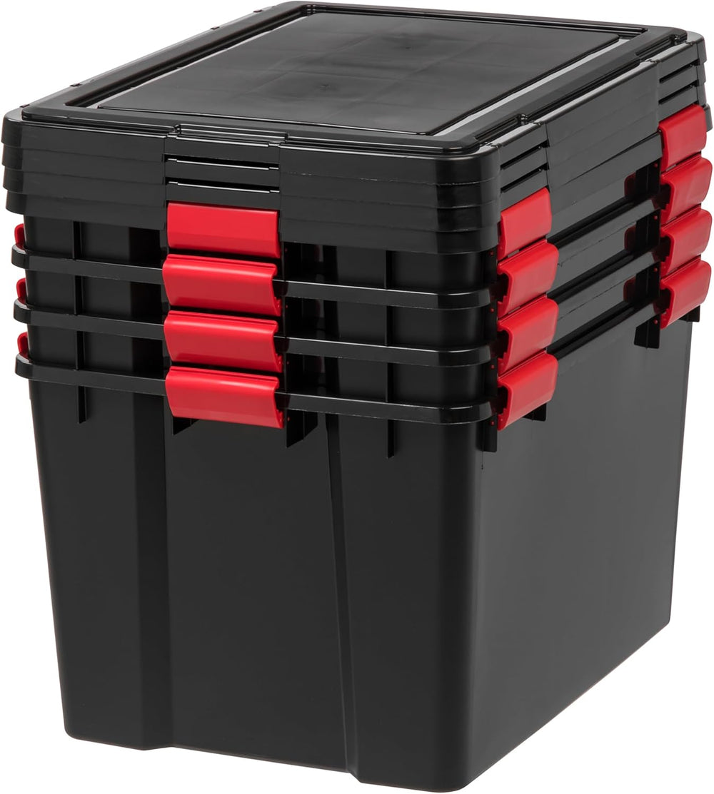 IRIS USA 4-Pack 74 Qt Storage Bins with Gasket Lids, Black/Red