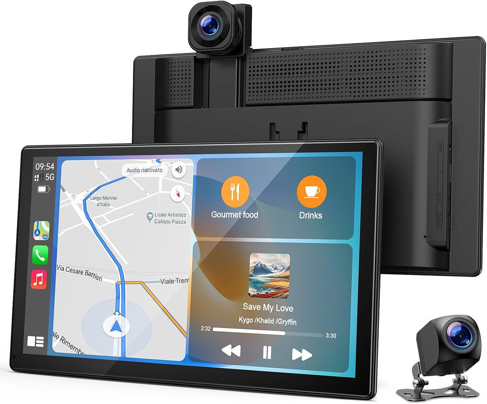 9" Wireless CarPlay Screen, 4K Front + 1080P Rear Dual Dash Cam