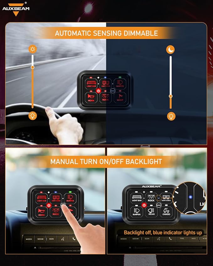Auxbeam 6 Gang Switch Panel RA60 Toggle Momentary Pulsed RGB Dimmable Switch