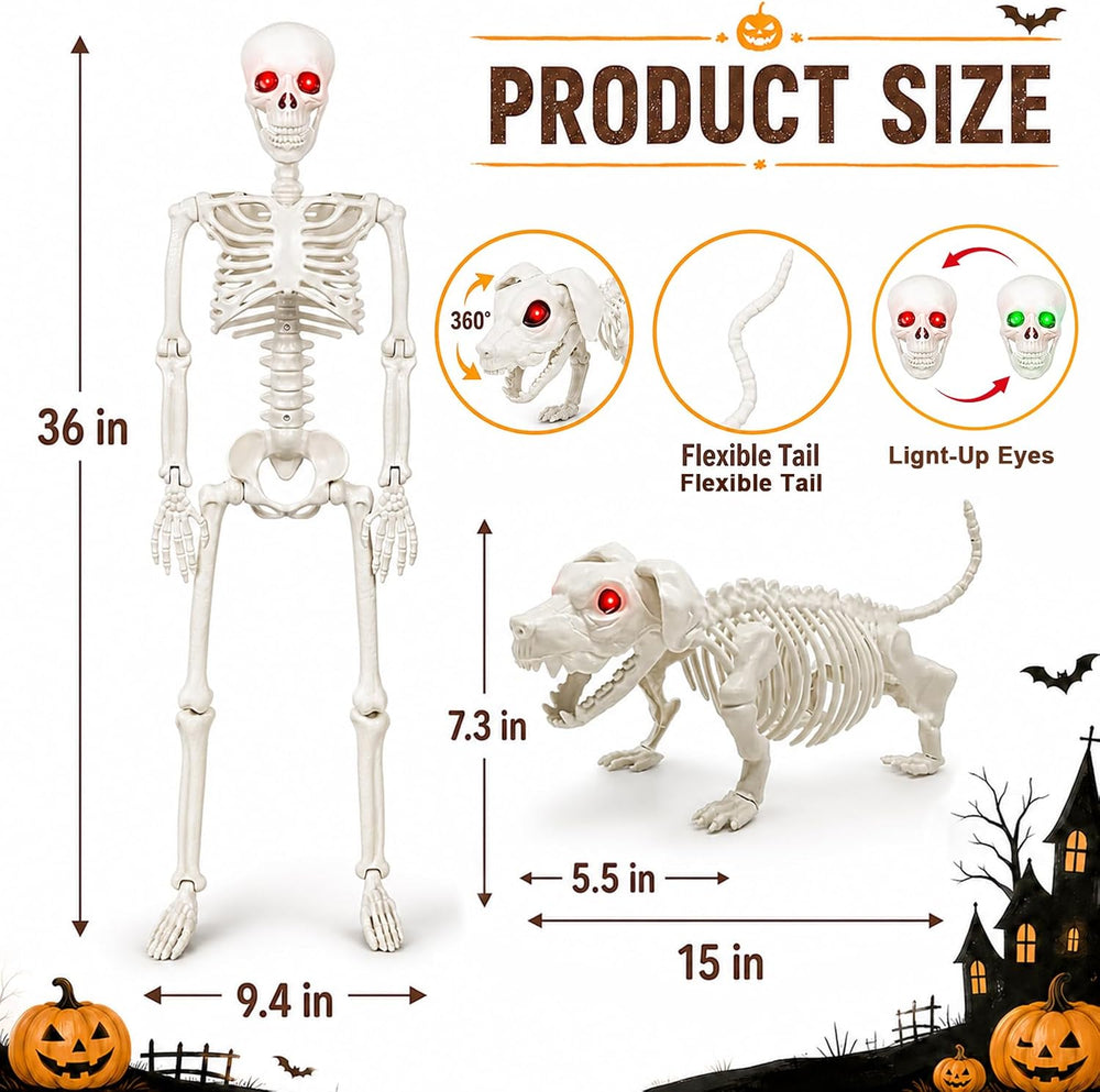 Halloween Skeleton Decorations with Dog Skeleton: 3 FT Light Up Skeletons