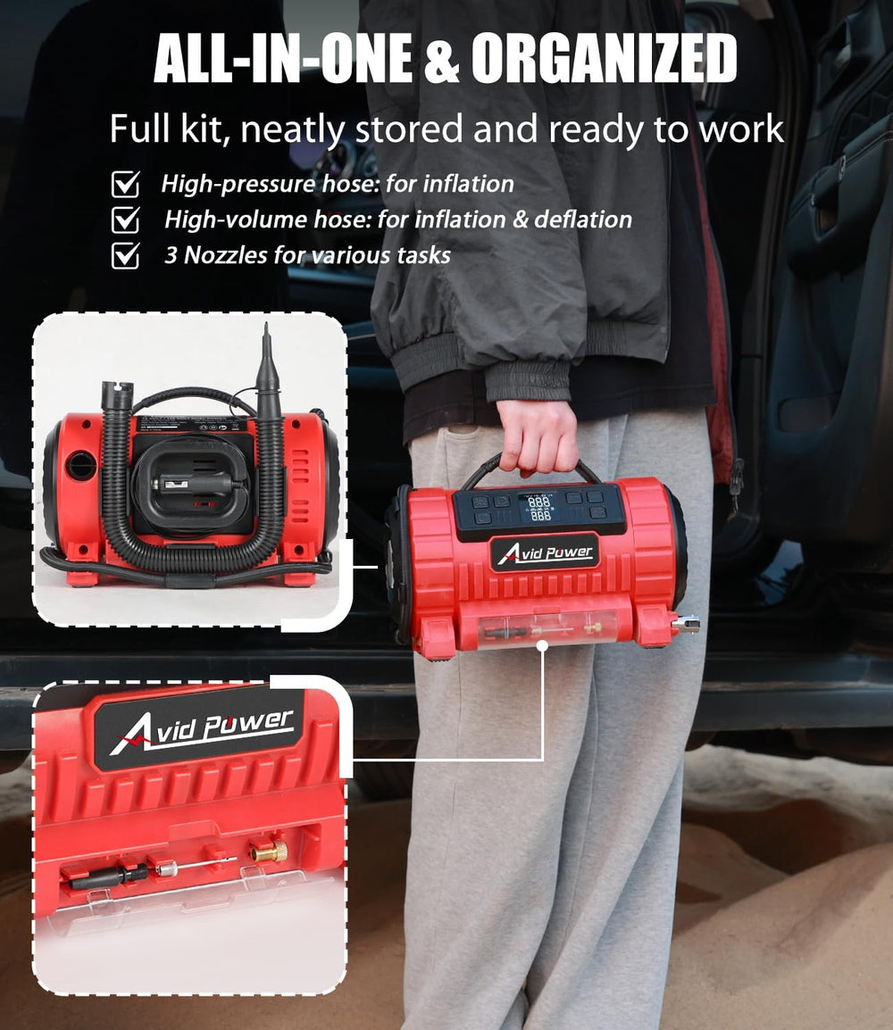 AVID POWER Portable Tire Inflator Air Compressor, 110V AC/12V DC Dual Power