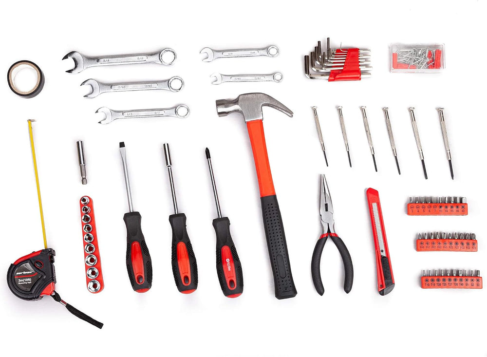 CARTMAN 148-Piece Household Tool Set, Red Tool Kit with Plastic Toolbox