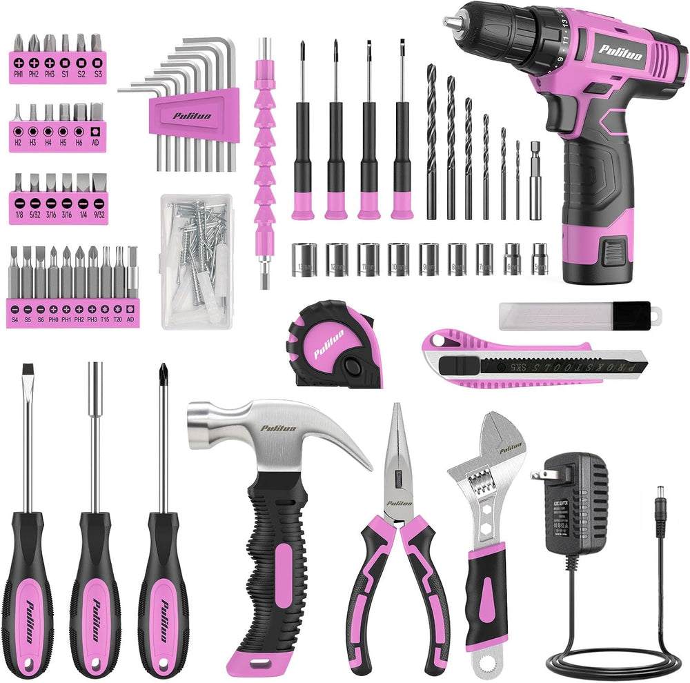 PULITUO Drill Set, 149-Piece Home Tool Set with 12V Pink Cordless Drill, Tool...