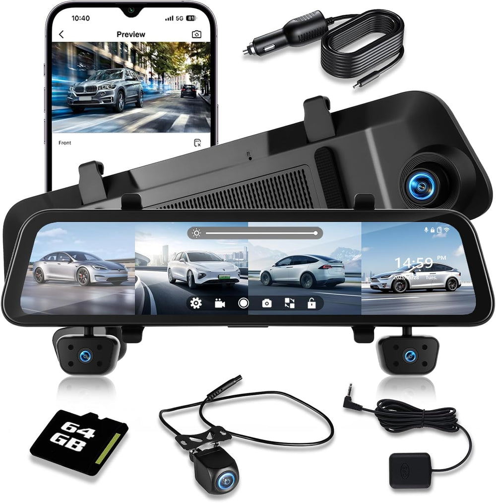 12'' Rearview Mirror Camera for Cars, NHOPEEW 360 Degree View 4 Chann...