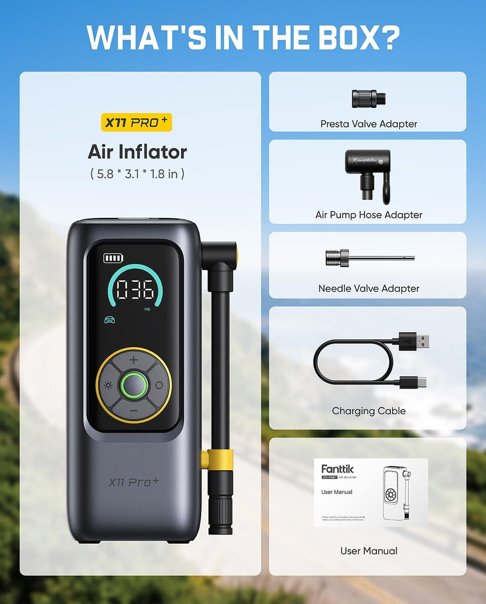 Fanttik X11 Pro+ Portable Tire Inflator, 39s Fast Inflate for Compact Car