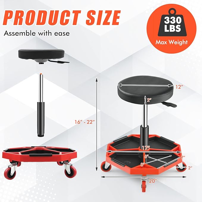 Adjustable Mechanic Rolling Stool, Pneumatic Rolling Stool