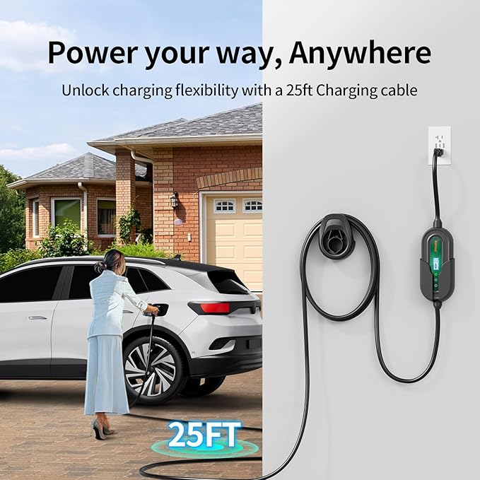 Level 1&2 Portable EV Charger, Adjustable 8-16A 110V-240V, Dual Plugs: NEMA