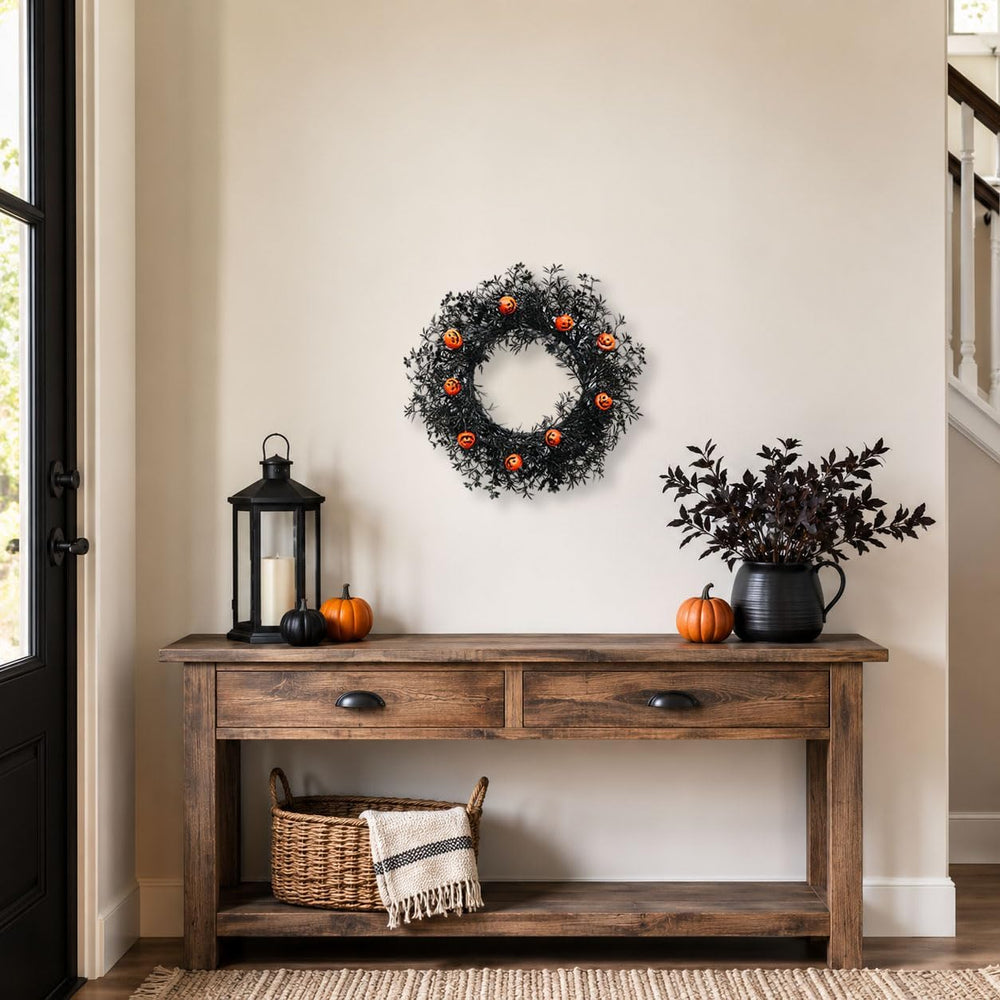 20 Inch Pumpkin Halloween Wreath with 30 Orange LEDs & Spiderweb Bow