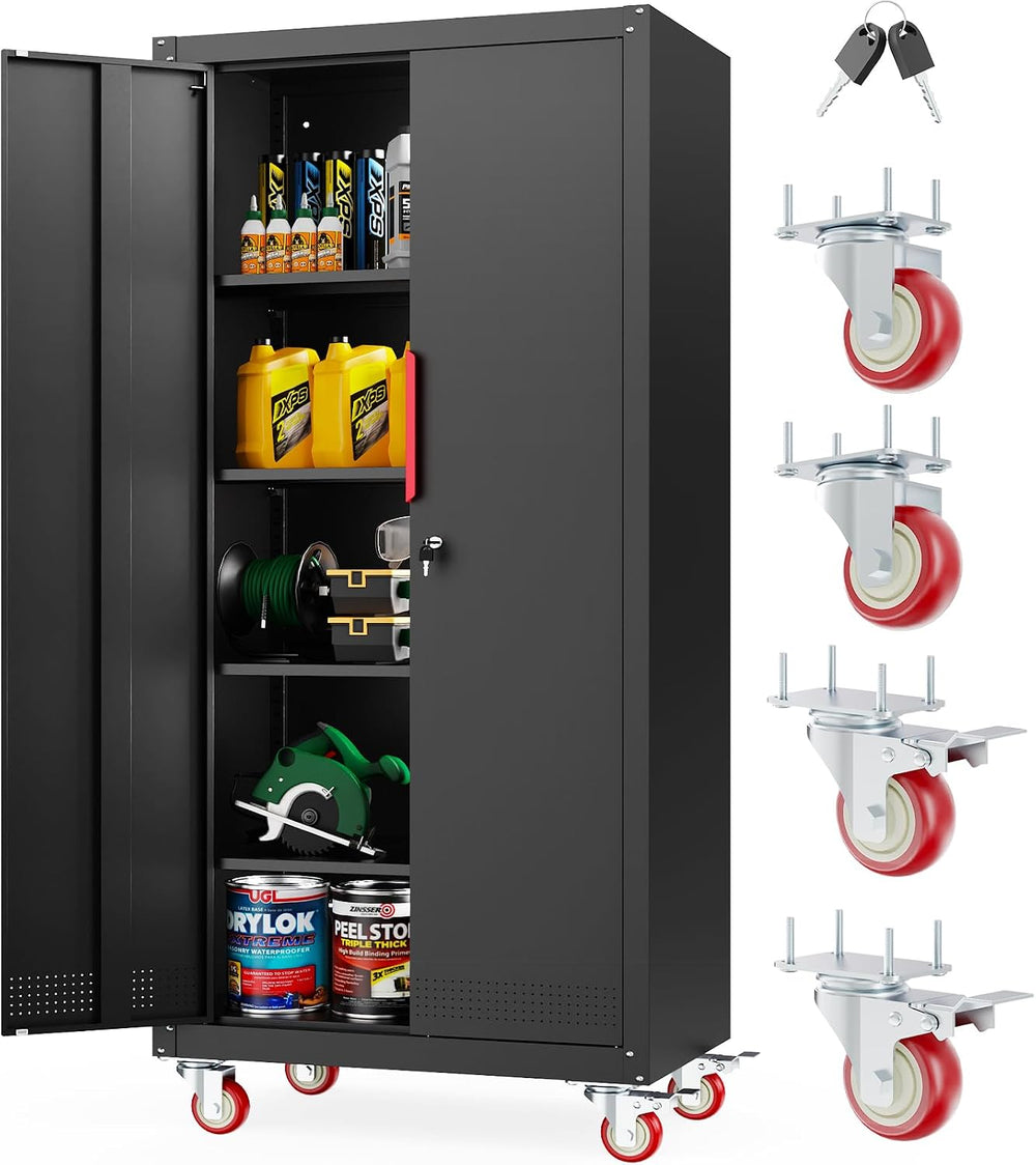 LMTC 71" H Garage Storage Cabinet with 4 Adjustable Shelves and Wheels, ...