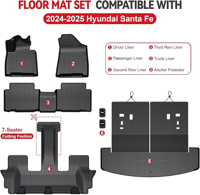 Floor Mats for 2024 2025 2026 Hyundai Santa Fe 6-Seat/7-Seat, All Weather TPE