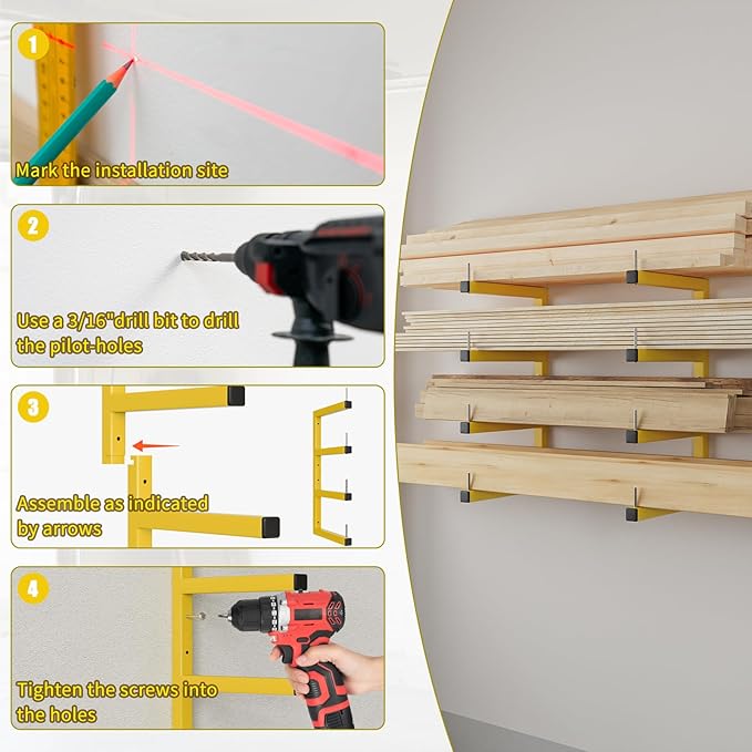 4-Pack Lumber Storage Rack, Wood Storage Racks Wall Mount, Heavy Duty Garage