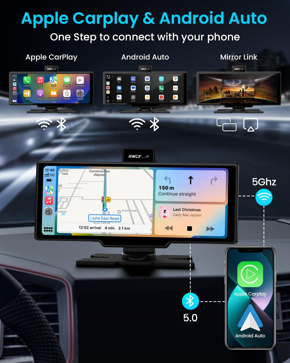 IIWEY iK7 10-Inch Wireless Apple CarPlay Screen, Android Auto, 4K Dash Cam
