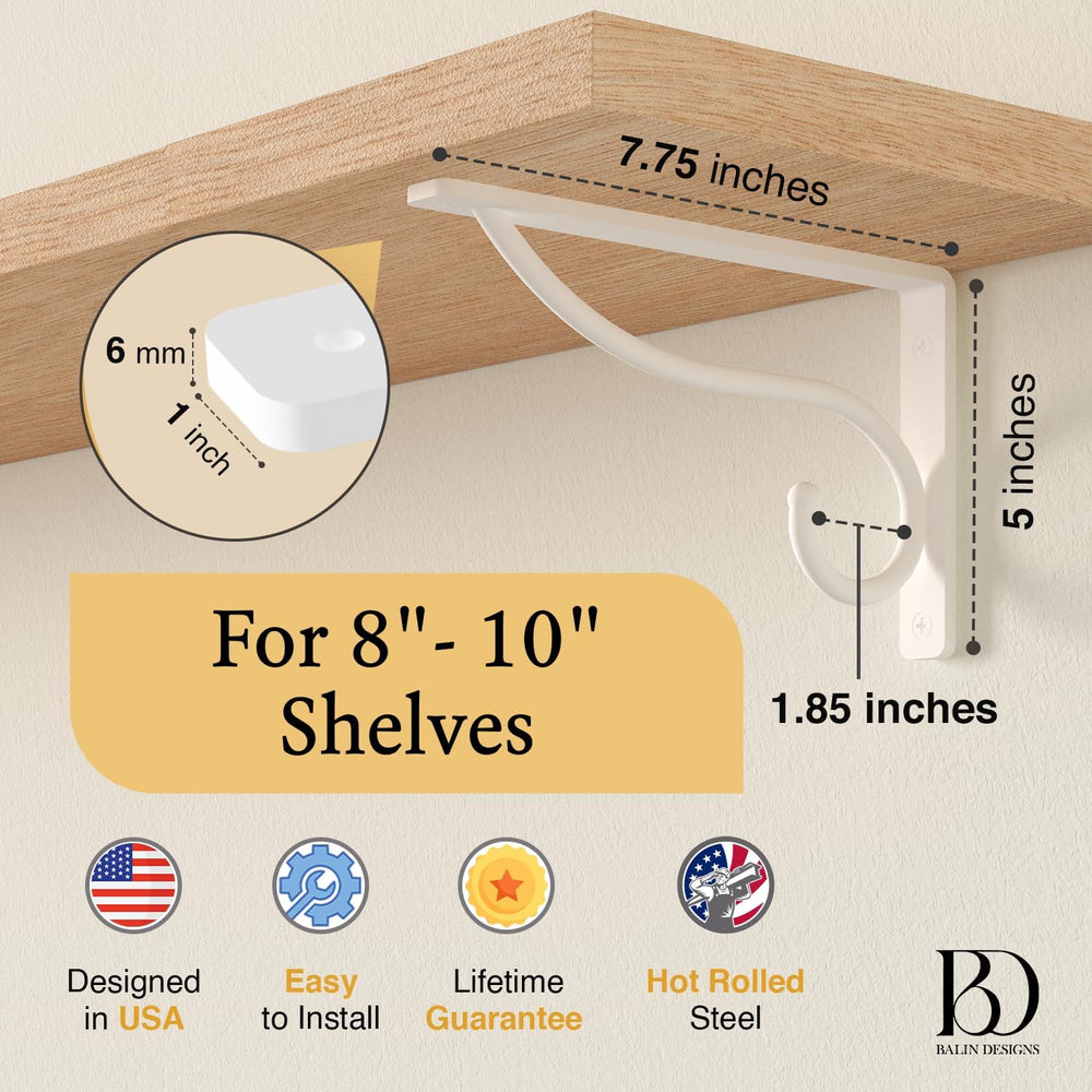 Closet Rod Bracket, 8 Inch Hook Shelf Brackets Heavy Duty Wall Mounted, Black...