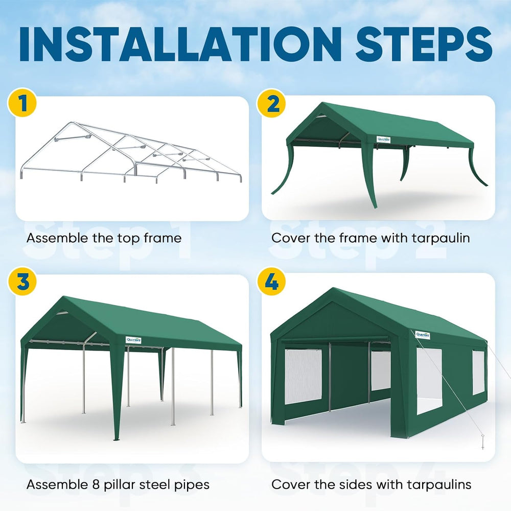 Quictent 12x20 ft Heavy Duty Carport with Sidewalls, Reinforced Galvanized Ou...