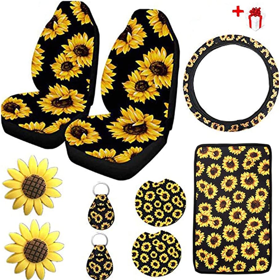 10PCS Sunflower Accessories for Car Wheel Cover,2PCS Front Seat Covers