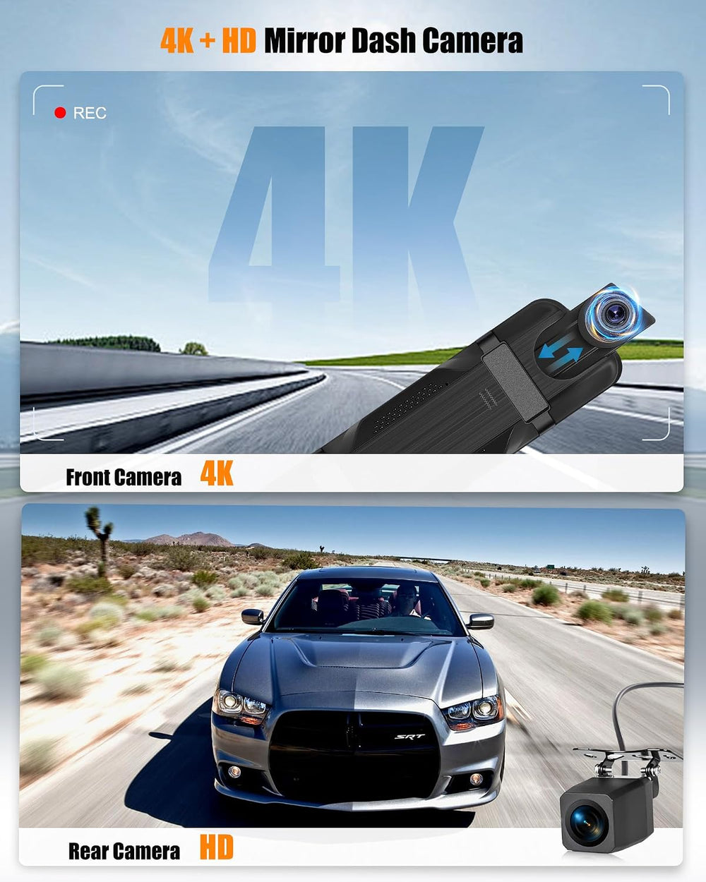 CAMECHO 4K Mirror Dash Cam Front and Rear, WiFi Rear View Mirror Camera, 9.66...