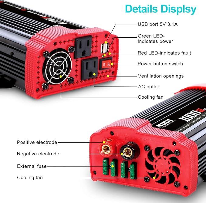 1000W Car Power Inverter, DC 12V to AC 110V Car Inverter