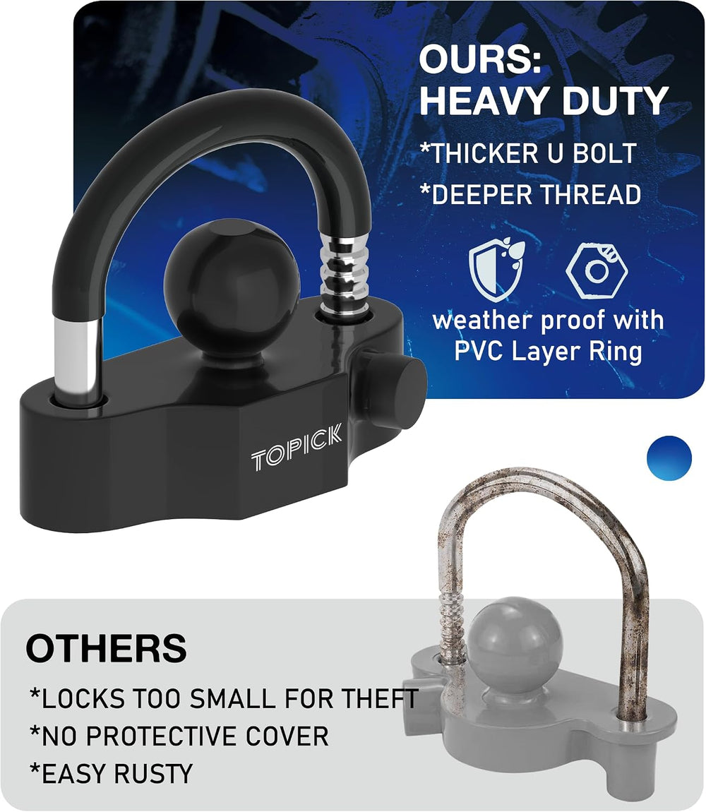 TOPICK Heavy-Duty Trailer Coupler Lock with PVC-Coated U-Bolt, Universal Fit ...