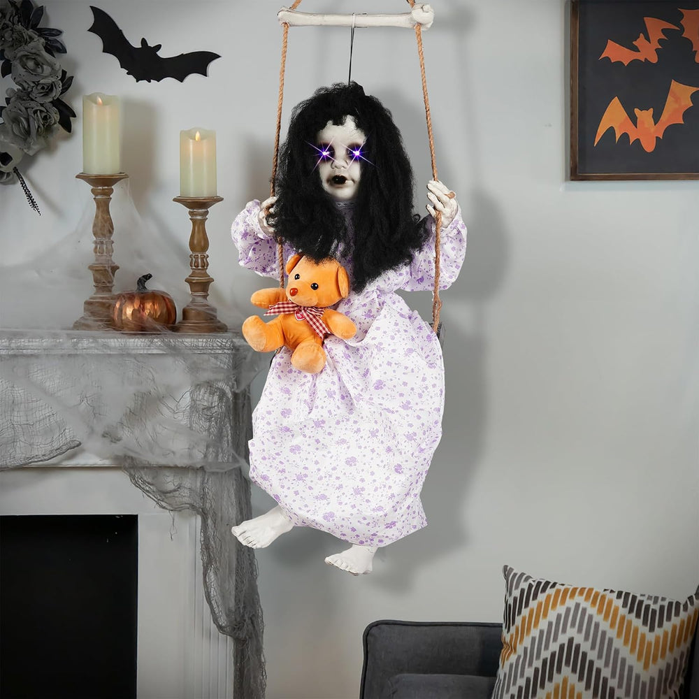 Hourleey Halloween Decorations Outdoor, Hanging Swinging Girl Doll Sound Acti...