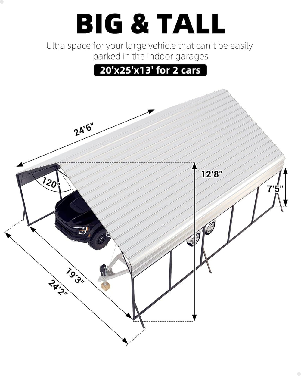 GarveeLife 20'x25'x13' Metal Carport for 2 Cars, White