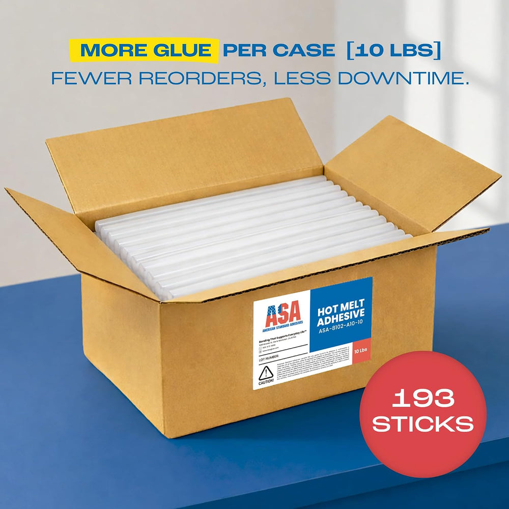 ASA Clear Hot Glue Sticks 5/8" x 10", High Temp, 10 lb Box, 113 Ct
