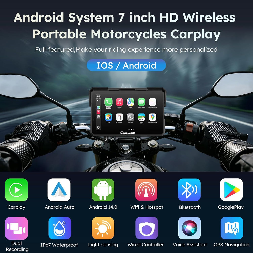 Carpuride W702 Plus 7" Motorcycle CarPlay Android Auto Android 14 Dash Cam