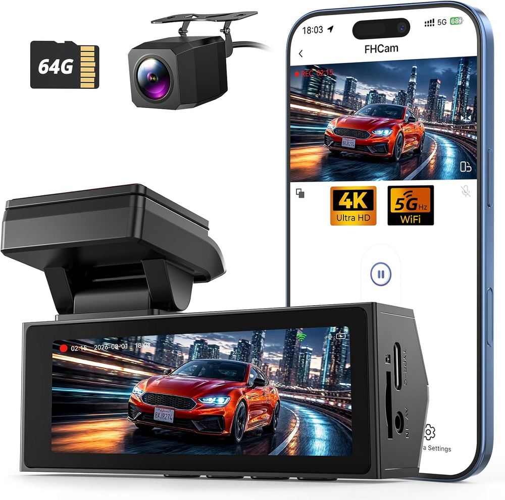 Dash Cams Front and Rear, NQJ 4K+2K Dual Dash Camera for Cars w 64GB Card