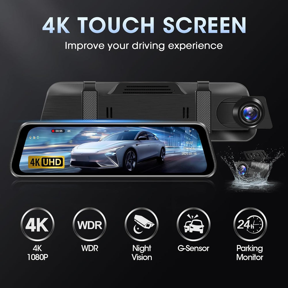 4K WiFi Rear View Mirror Camera 10’’ Mirror Dash Cam Front and Rear