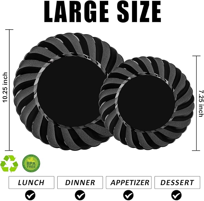 U-QE 60 Pcs Black Plastic Plates for Party โ Scalloped Plastic Plates Heavy D...