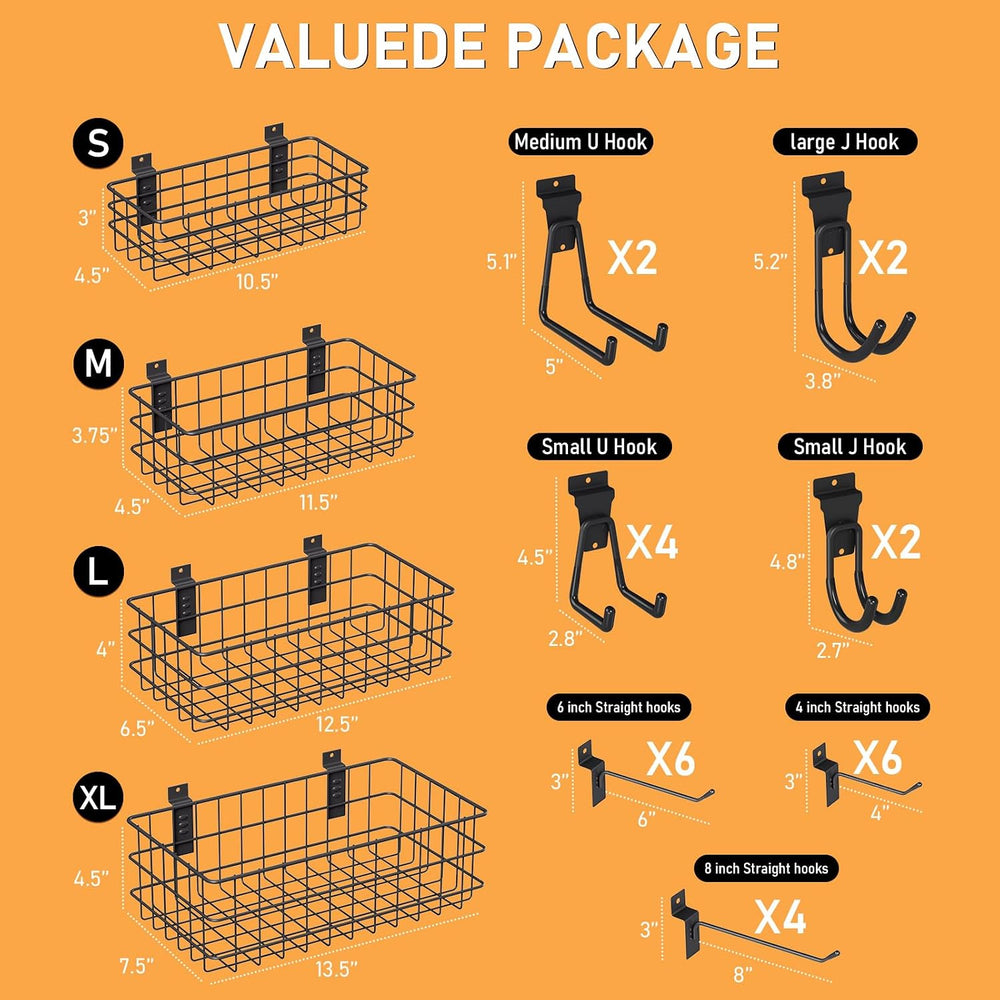 INCLY 30PCS Slatwall Accessories Kit, 4 Basket & Multisize Hooks for Garage
