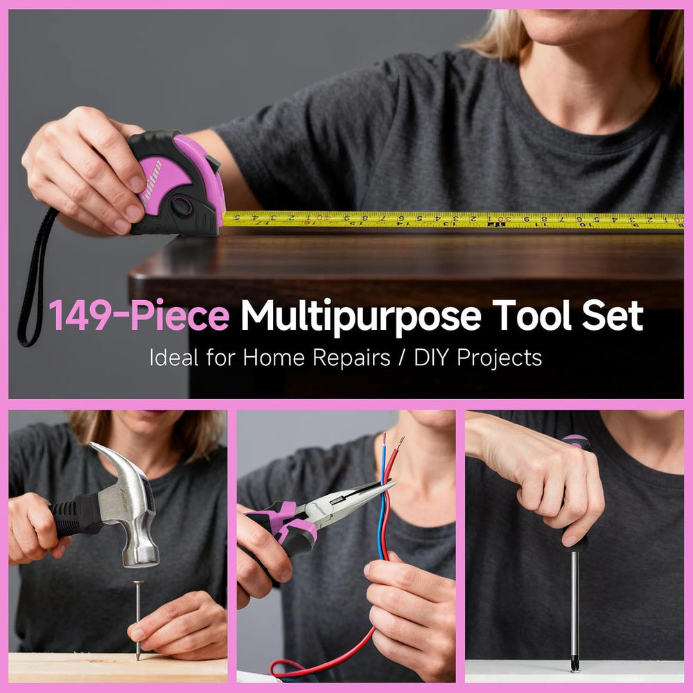 PULITUO Drill Set, 149-Piece Home Tool Set with 12V Pink Cordless Drill, Tool...