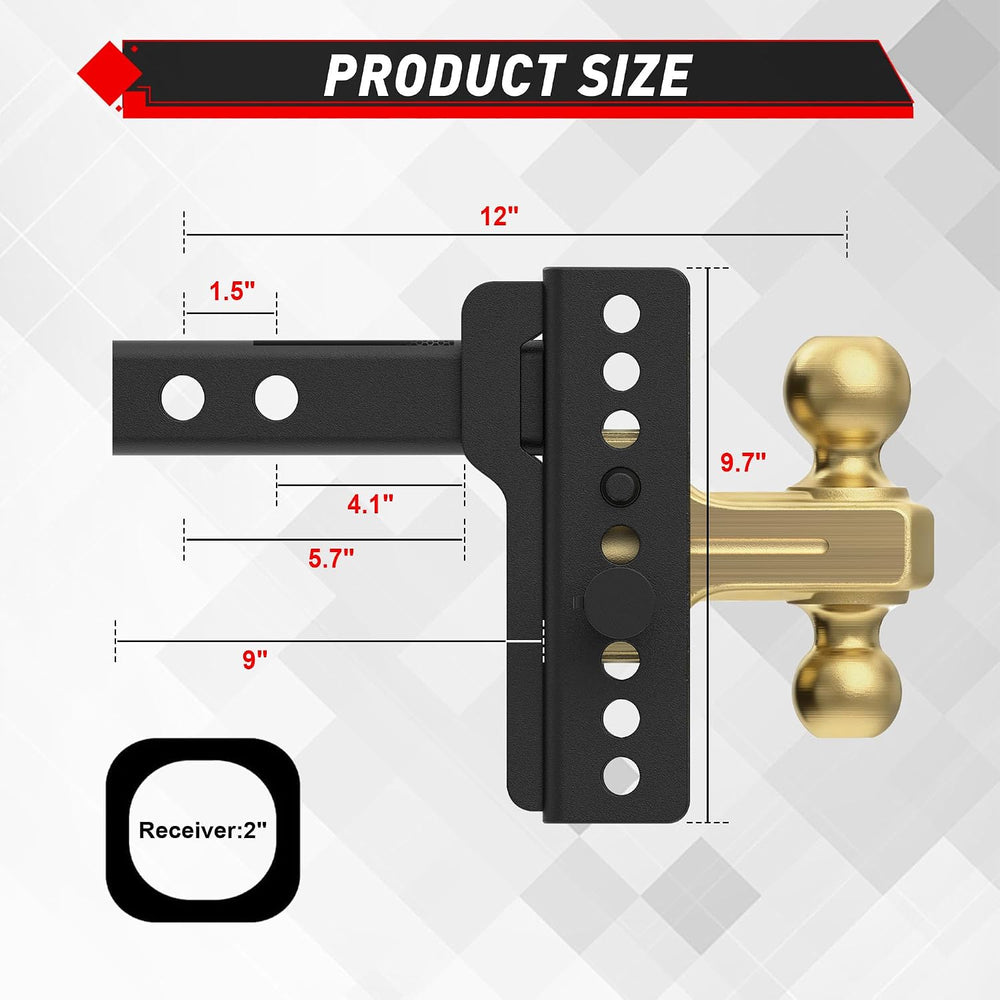 TYT Adjustable Trailer Hitch Ball Mount for 2-Inch Receiver, 14,000 lbs GTW