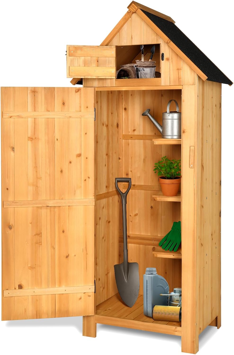 VINGLI Outdoor Wooden Storage Shed, Garden Shed Outside Tool Cabinet with Saf...