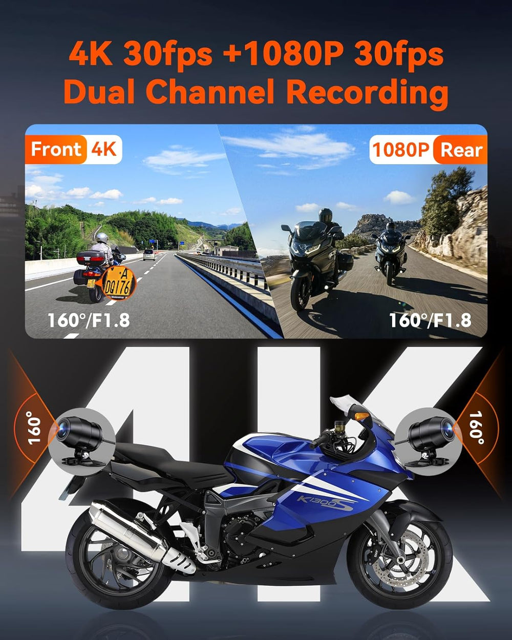 Vantrue F1 Motorcycle 4K Dash Cam Front and Rear, 4K + 1080P Camera
