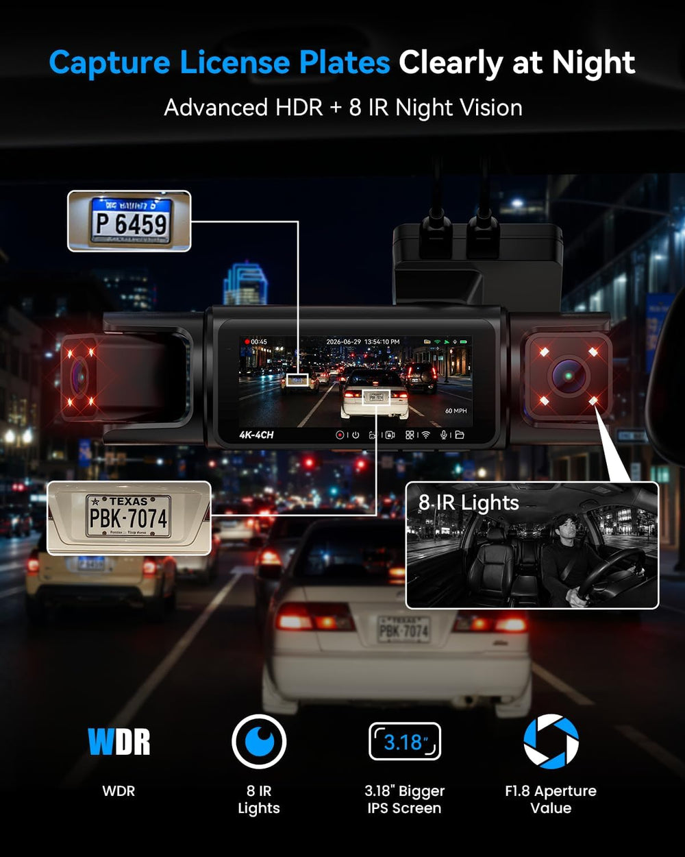 IIWEY N7 PRO 4K STARVIS 4-Channel Dash Cam 360ยฐ View, 8-IR Night Vision