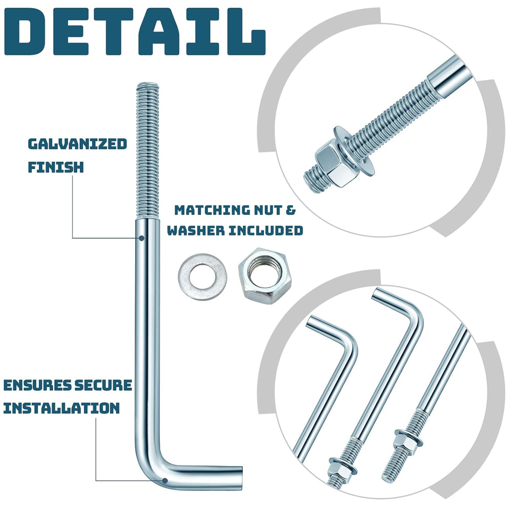 Yaocom 10 Pcs J Bolt Galvanized Anchor Bolts with Nuts Washer, 1/2-13 x 8
