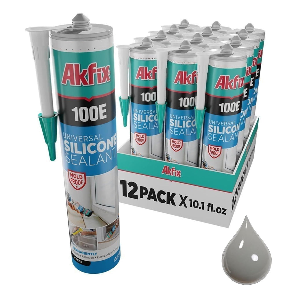 Akfix 100E RTV Gray Silicone Caulk (12x10.1 fl.oz.) - 100% Waterproof Silicon...