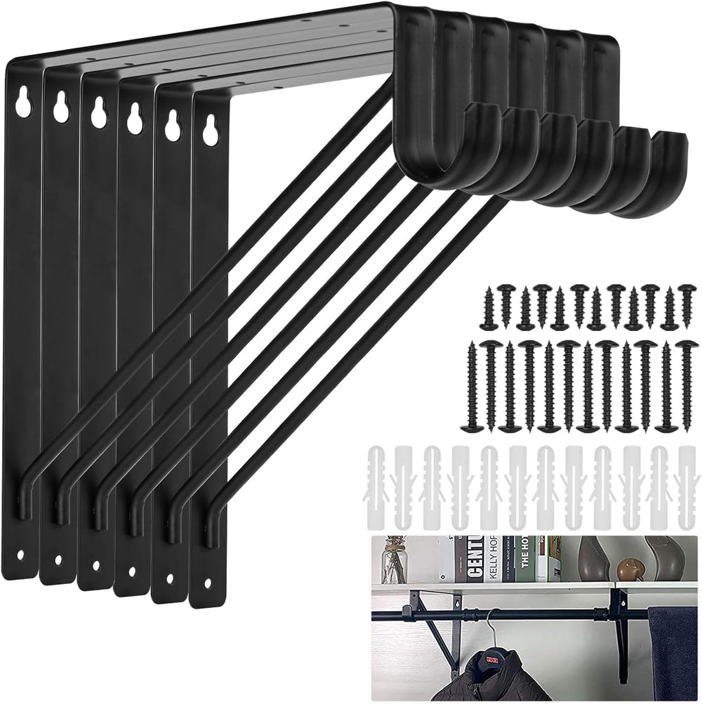 6 Pack Closet Shelf & Rod Brackets, 11x11 Closet Brackets, Black