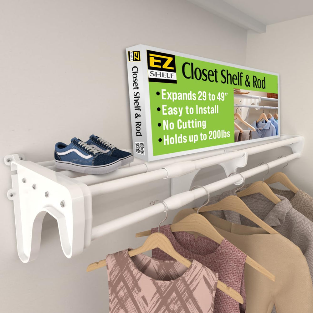 EZ SHELF - Closet Shelf with Hanging Rod - 29" to 49โ Expandable, White,...