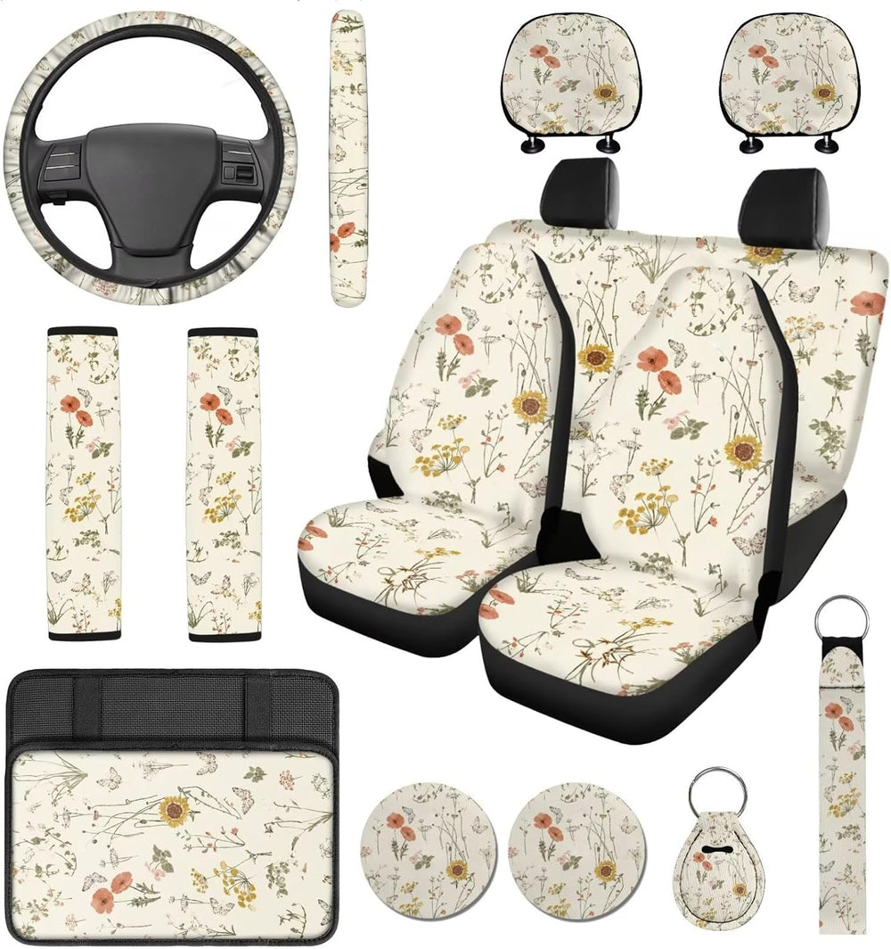 14 PCS Boho Car Seat Covers Full Set with Steering Wheel Cover,Seat Belt Cove...