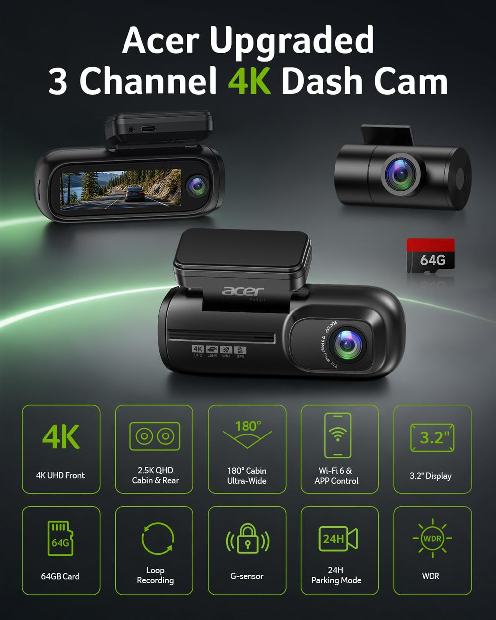 Acer Gadget 4K 3 Channel Dash Cam Front and Rear Inside 64GB Card Include