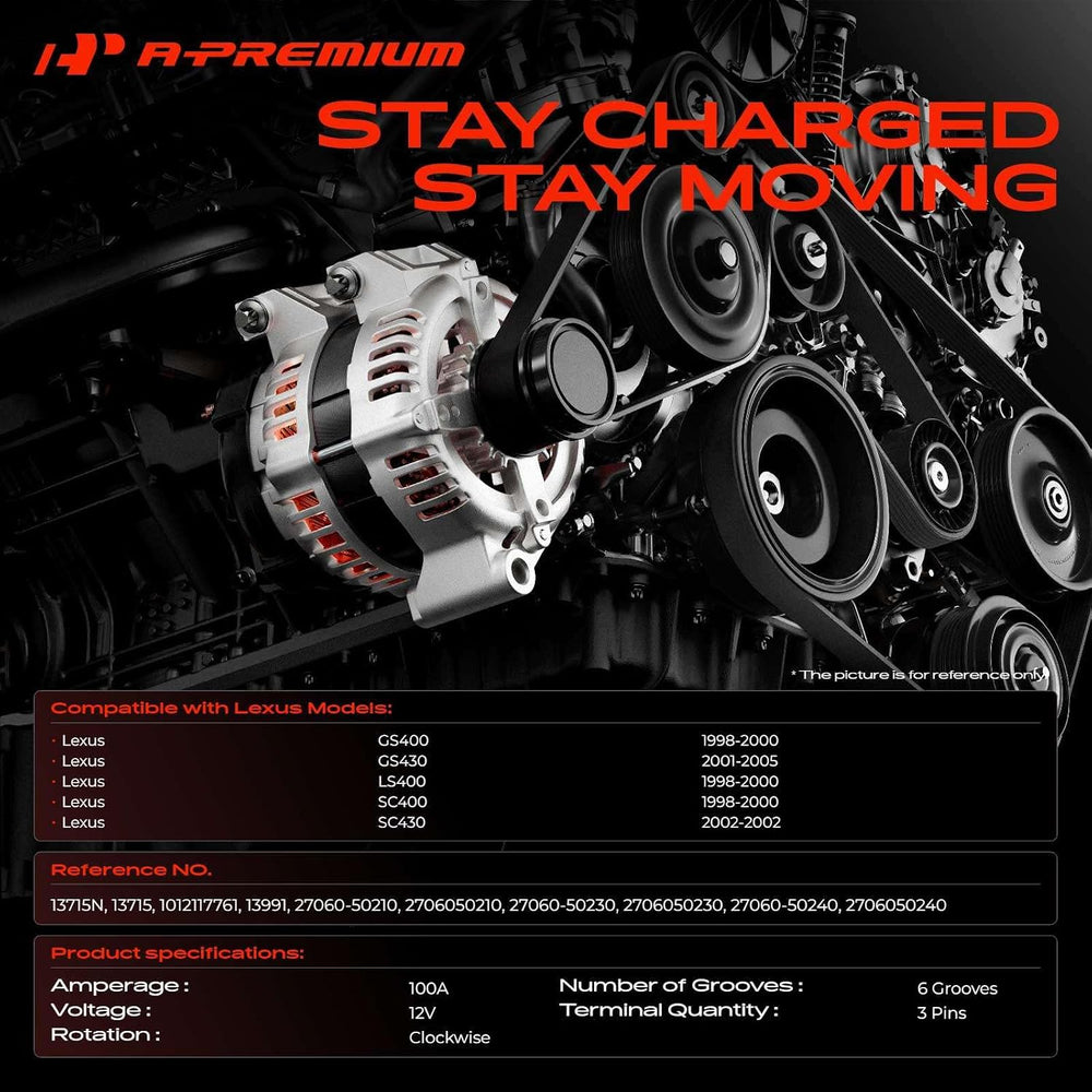 A-Premium Alternator, 12V 100A 6-Groove Pulley CW, Compatible with Lexus