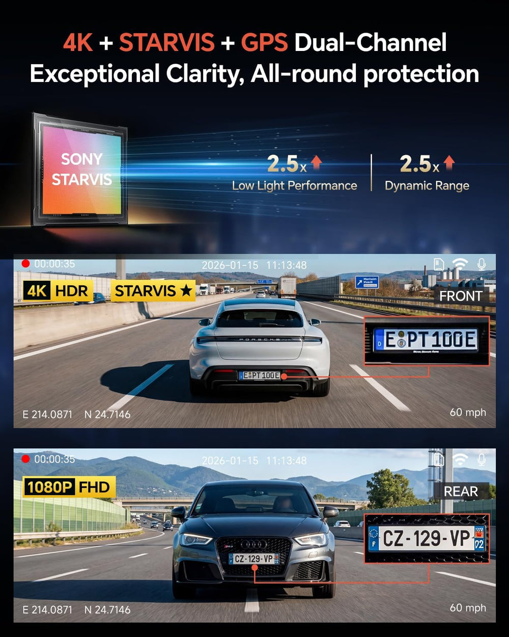 Coolcrazy 4K Dash Cam Front and Rear, STARVIS Sensor, Free 128GB Card Include...