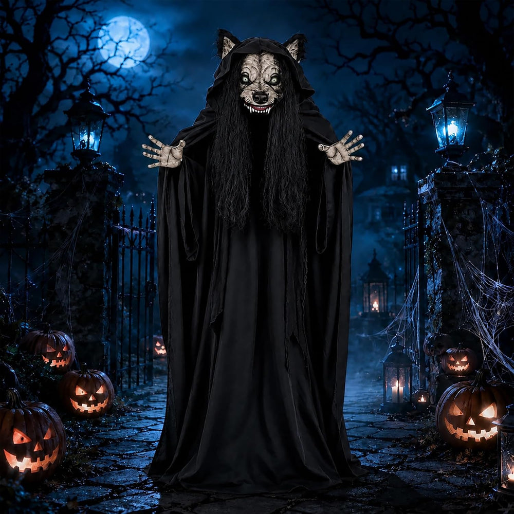 66.9" Halloween Animatronic Werewolf Face Changing Prop, Sound Activated...