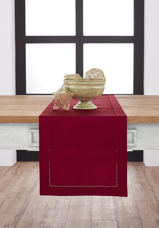 Solino Home Cotton Linen Red Table Runner 90 Inches Long - Hemstitch 14 x 90 ...