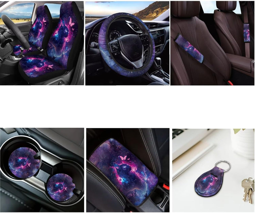 Cute Cat Print Seat Cover for Cars Full Set, Butterfly Galaxy Print Front and...