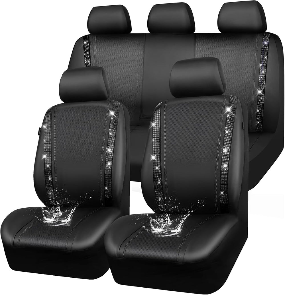 CAR PASS Leather Bling Diamond Car Seat Covers Full Set, Shining Rhinestone W...