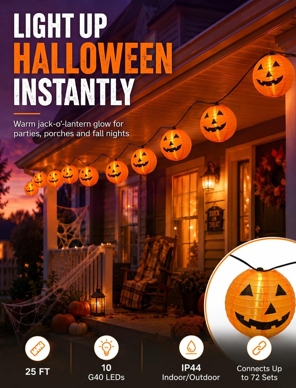25FT Halloween Pumpkin Lantern String Lights, 10 Large Jack O'Lanterns