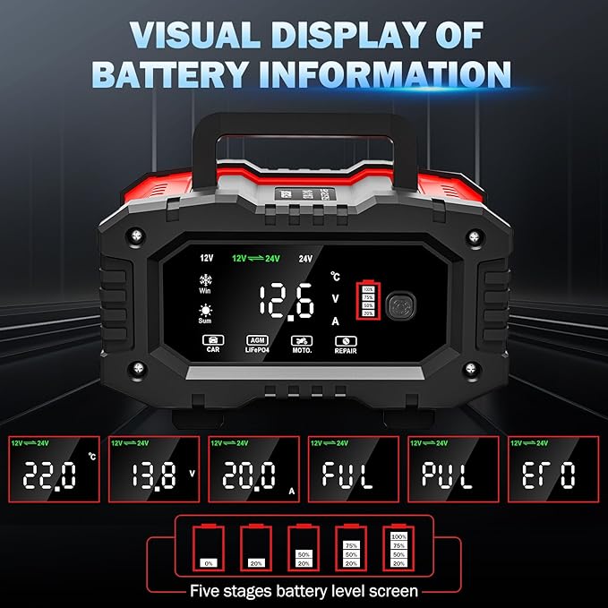 20-Amp Car Battery Charger, 12V/20A and 24V/10A LiFePO4, Lead-Acid Automatic