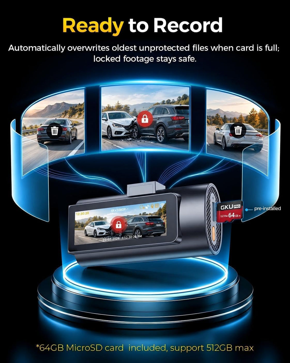 GKU 4K Dual Dash Cam Front and Rear, STARVIS 2 Sensor, 64GB Card Included